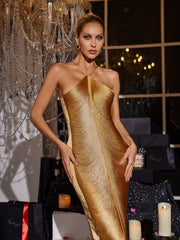 Halterneck Fringe Maxi Dress In Bronze