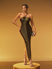 Robe longue à franges et col halter couleur olive 