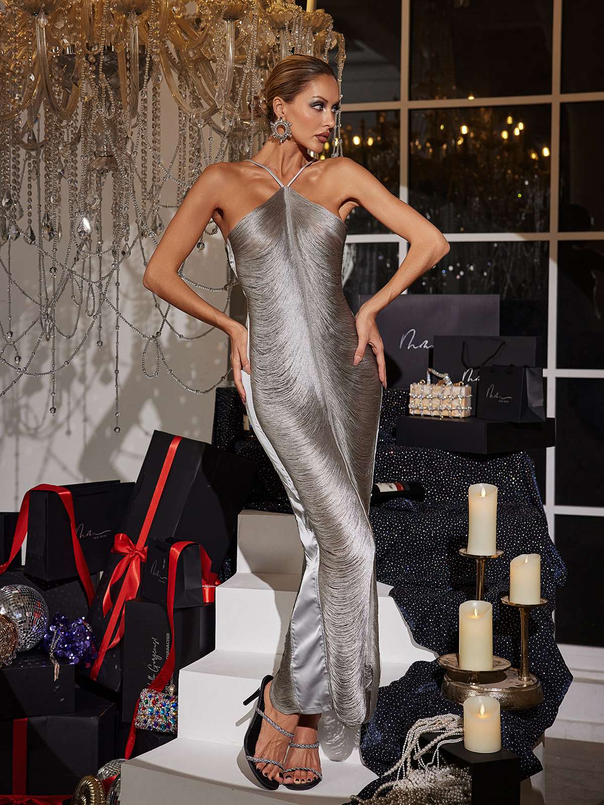 Halterneck Fringe Maxi Dress In Grey