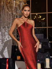 Halterneck Fringe Maxi Dress In Rust Red