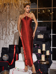 Halterneck Fringe Maxi Dress In Rust Red