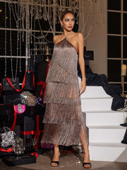 Robe midi à franges et volants, col halter, marron 