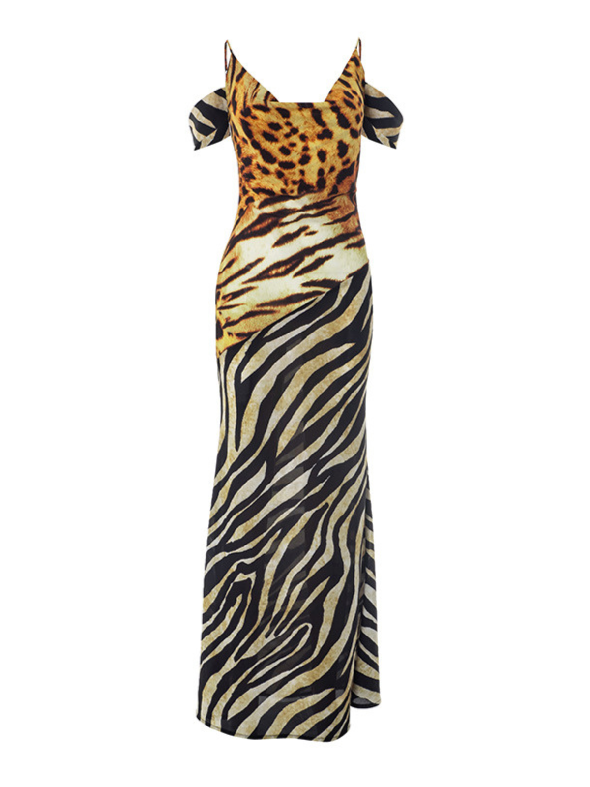 Robe longue léopard à col bénitier 