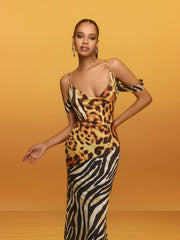 Robe longue léopard à col bénitier 