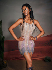 Spaghetti Chain Fringe Mini Dress