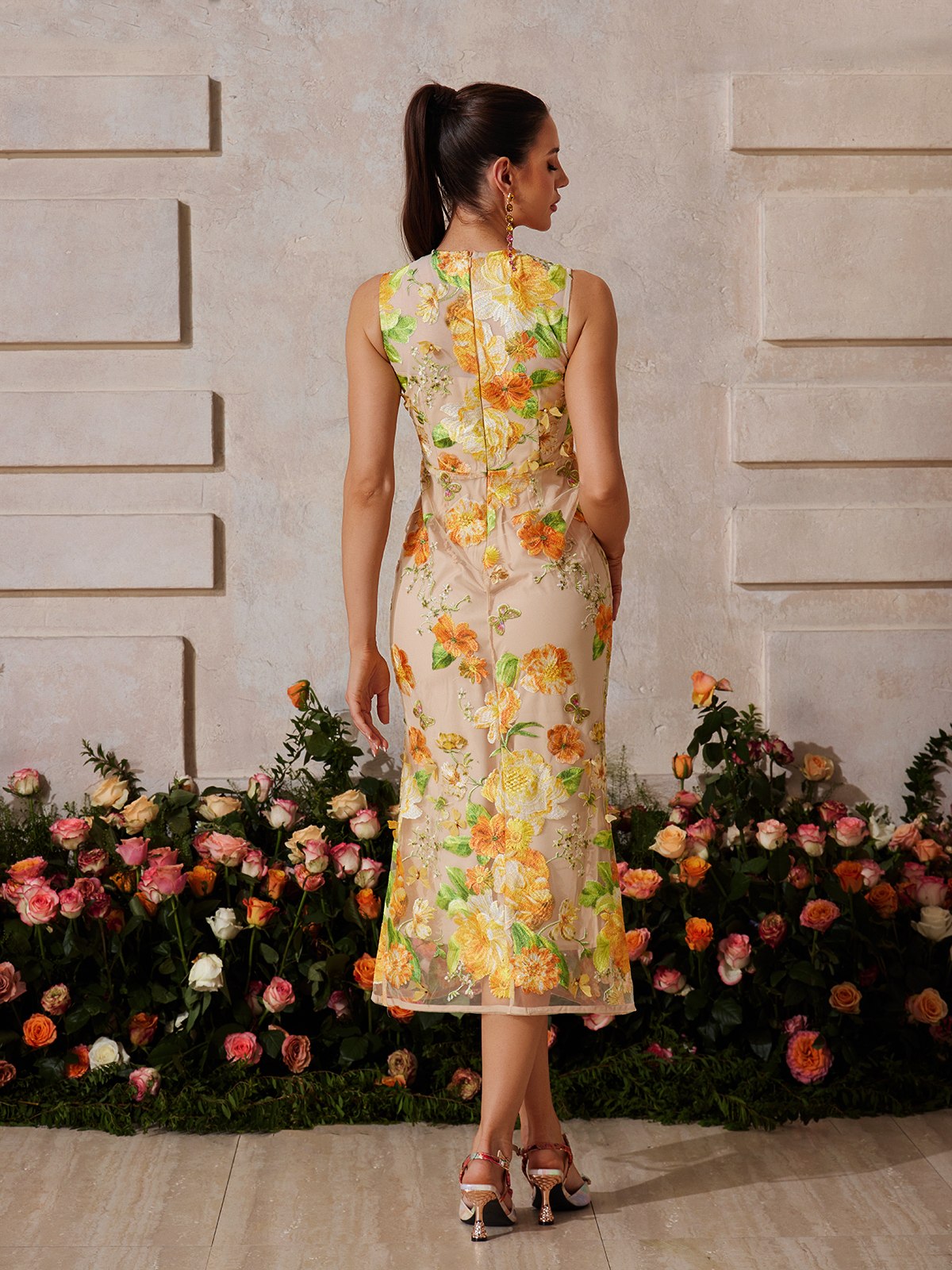 Sleeveless Flower Embroidered Midi Dress