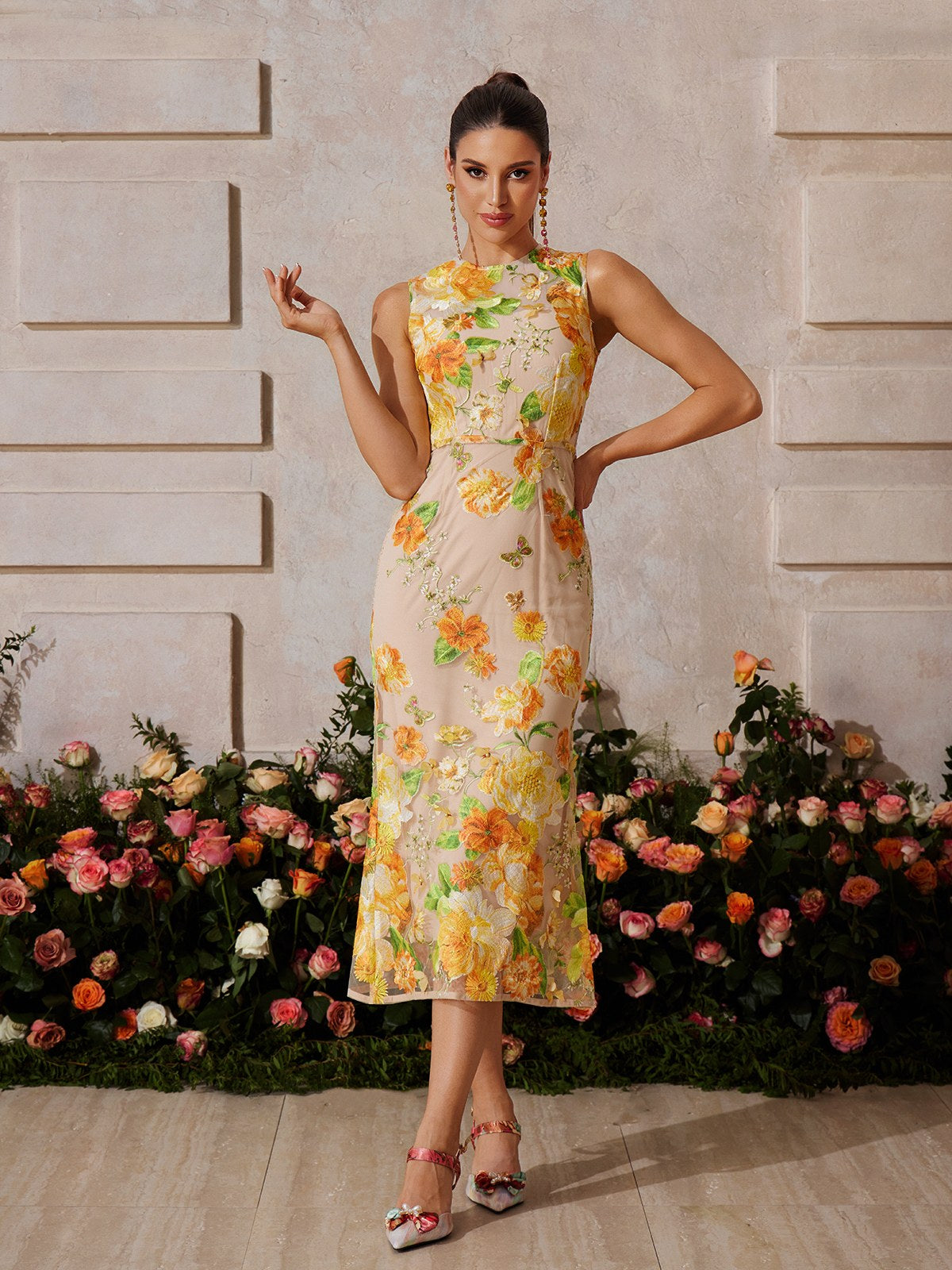 Sleeveless Flower Embroidered Midi Dress
