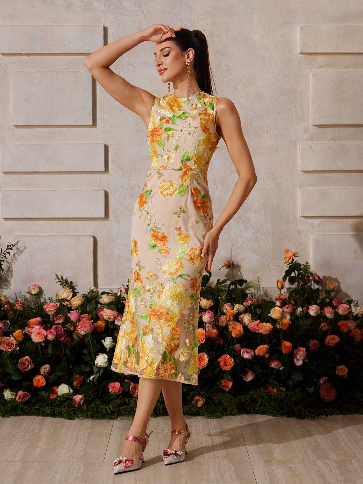 Sleeveless Flower Embroidered Midi Dress