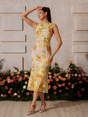 Sleeveless Flower Embroidered Midi Dress