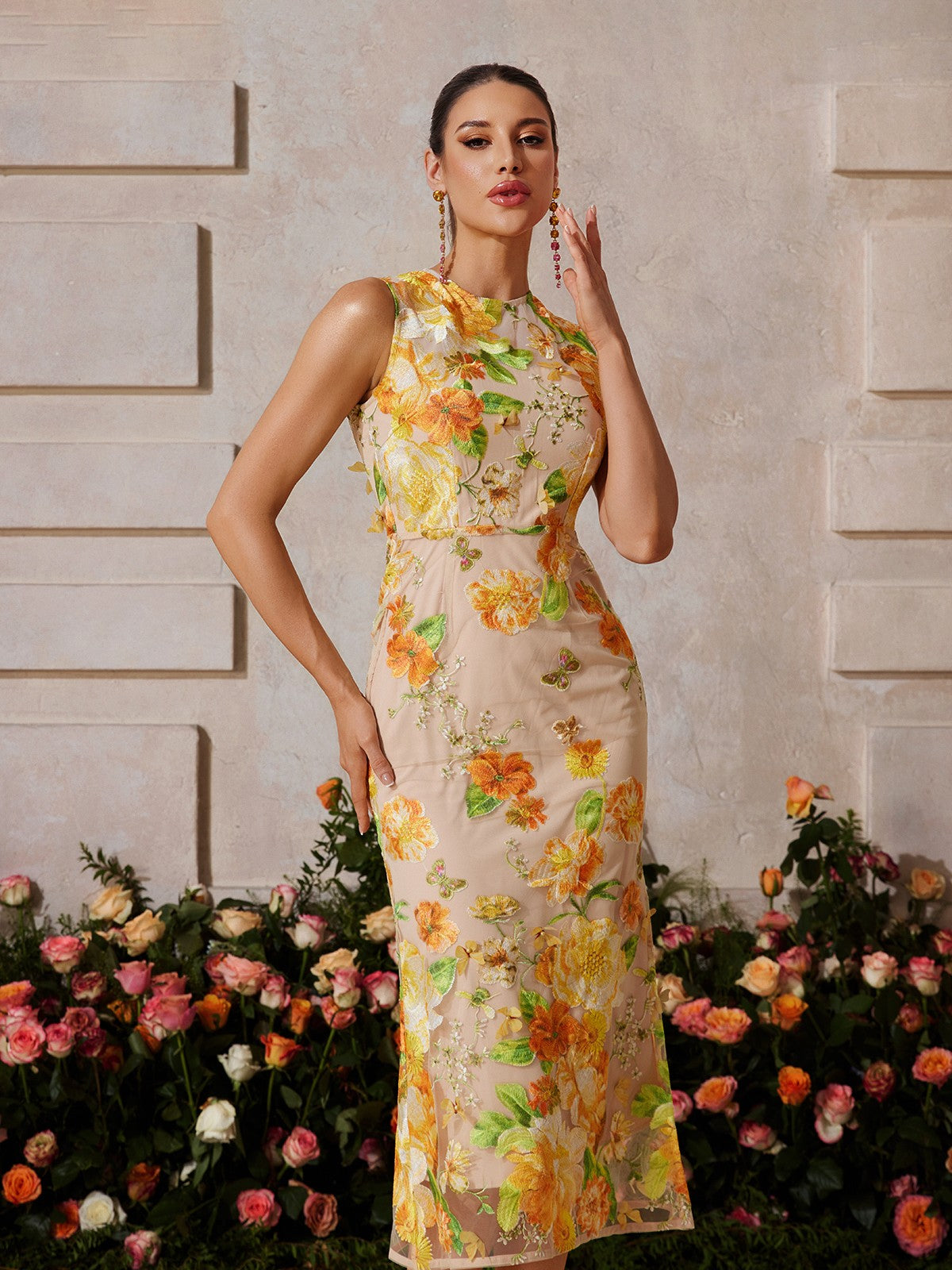 Sleeveless Flower Embroidered Midi Dress