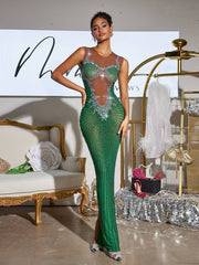 Robe maxi fendue imprimée de strass verte 