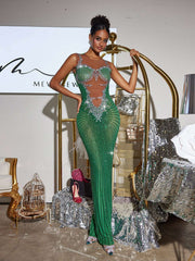 Robe maxi fendue imprimée de strass verte 