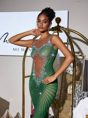 Robe maxi fendue imprimée de strass verte 