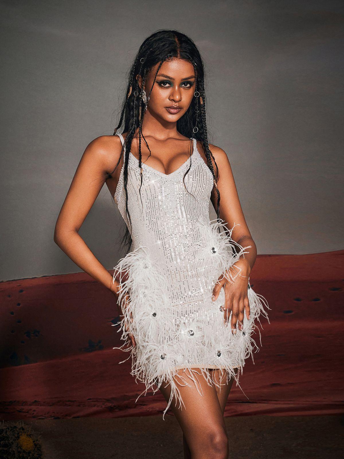 Pearl Sequin Feather Mini Dress