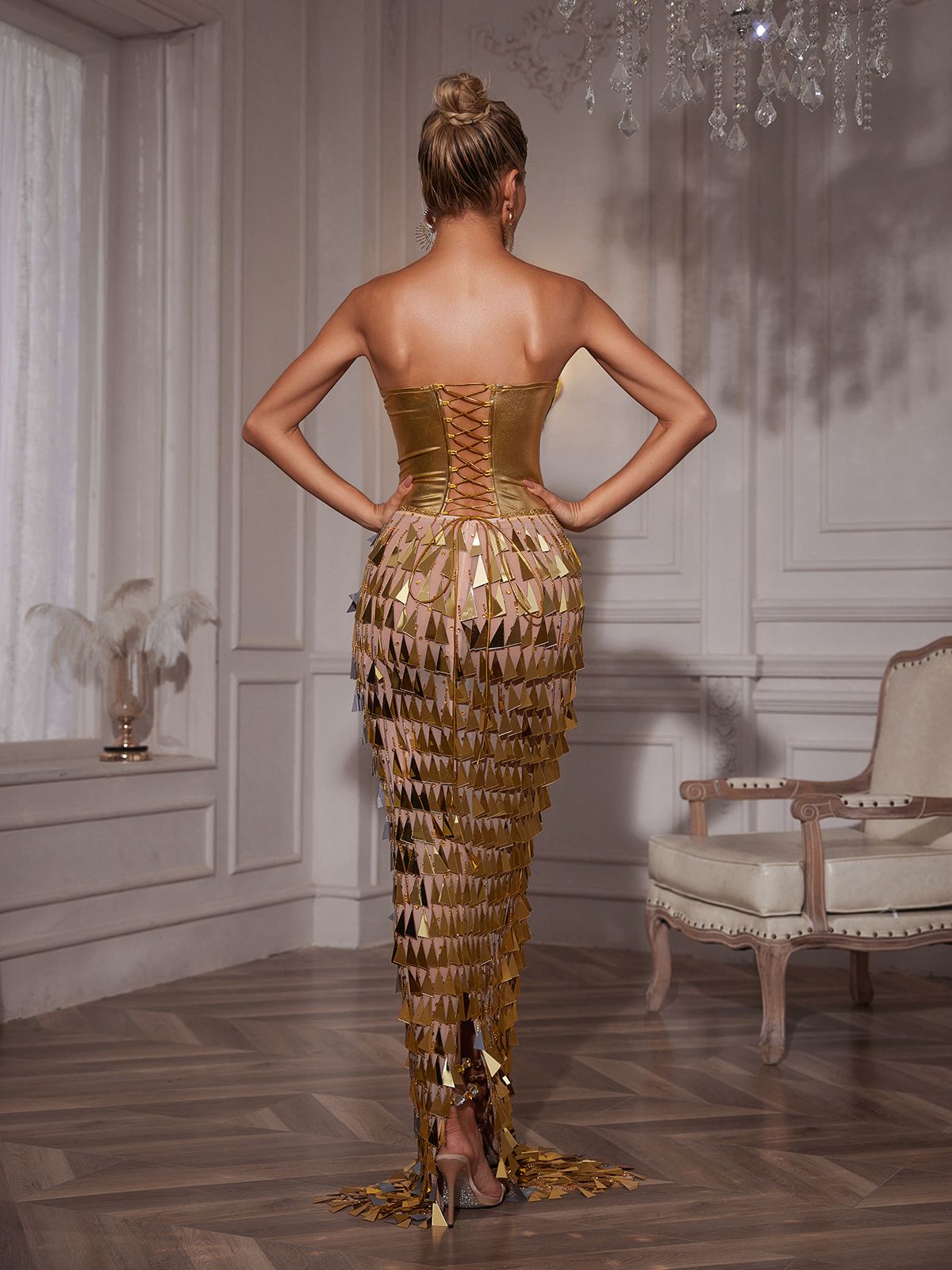 Robe longue corset à franges en acrylique 