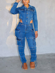Denim Asymmetrical Jacket  Cargo Jeans Set