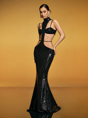 Robe longue à découpes strass 
