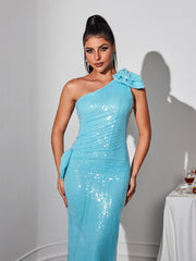 One Shoulder Bow Sequin Maxi Dress