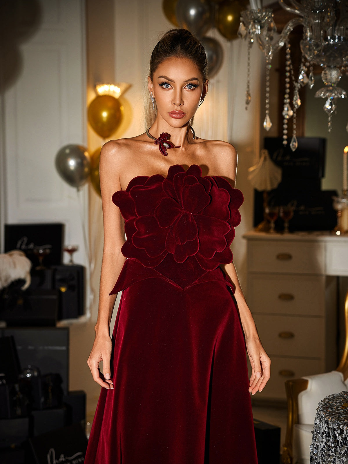 Strapless Flower Velvet Maxi Dress