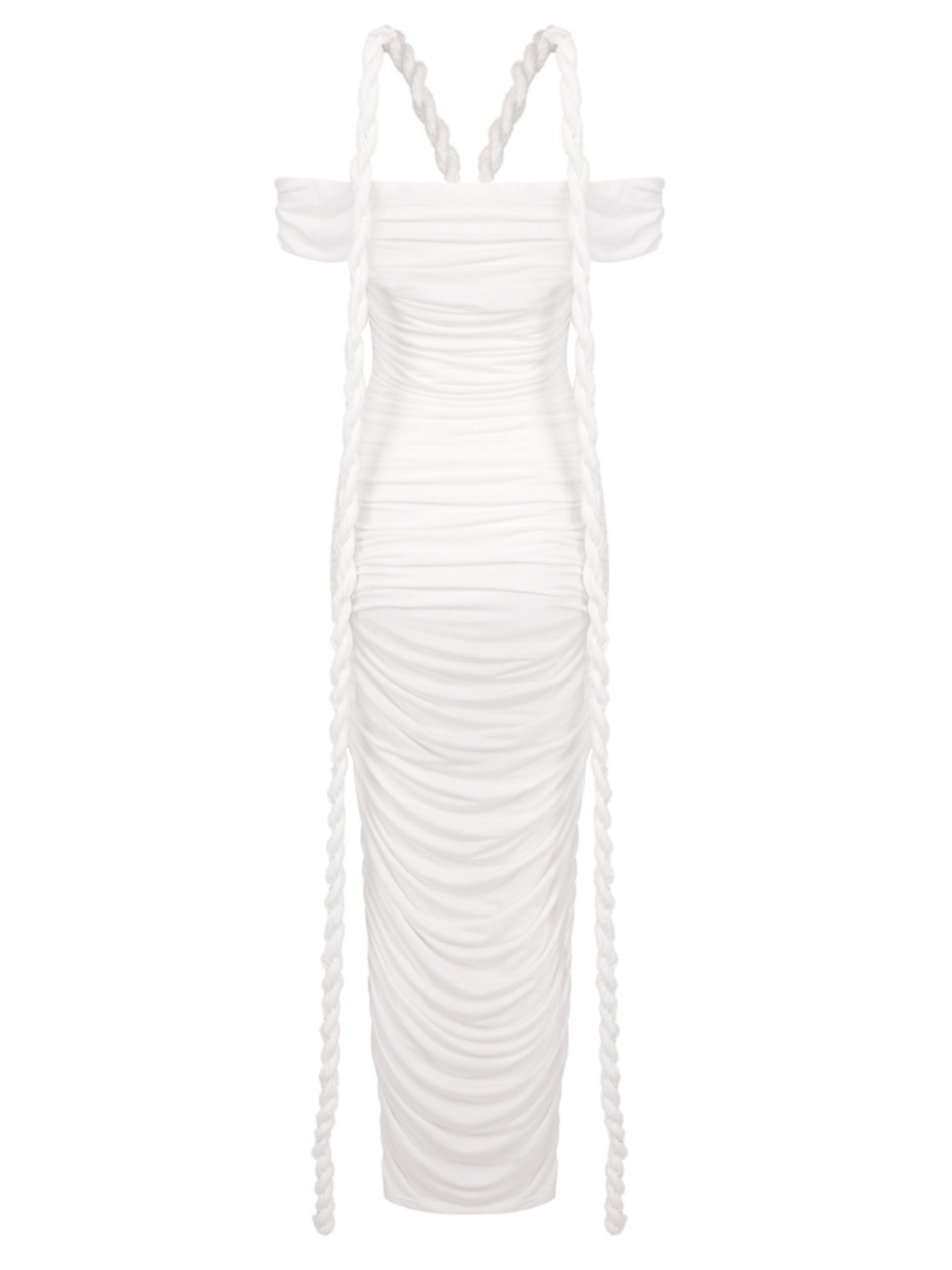 Robe maxi blanche à épaules dénudées et froncée 