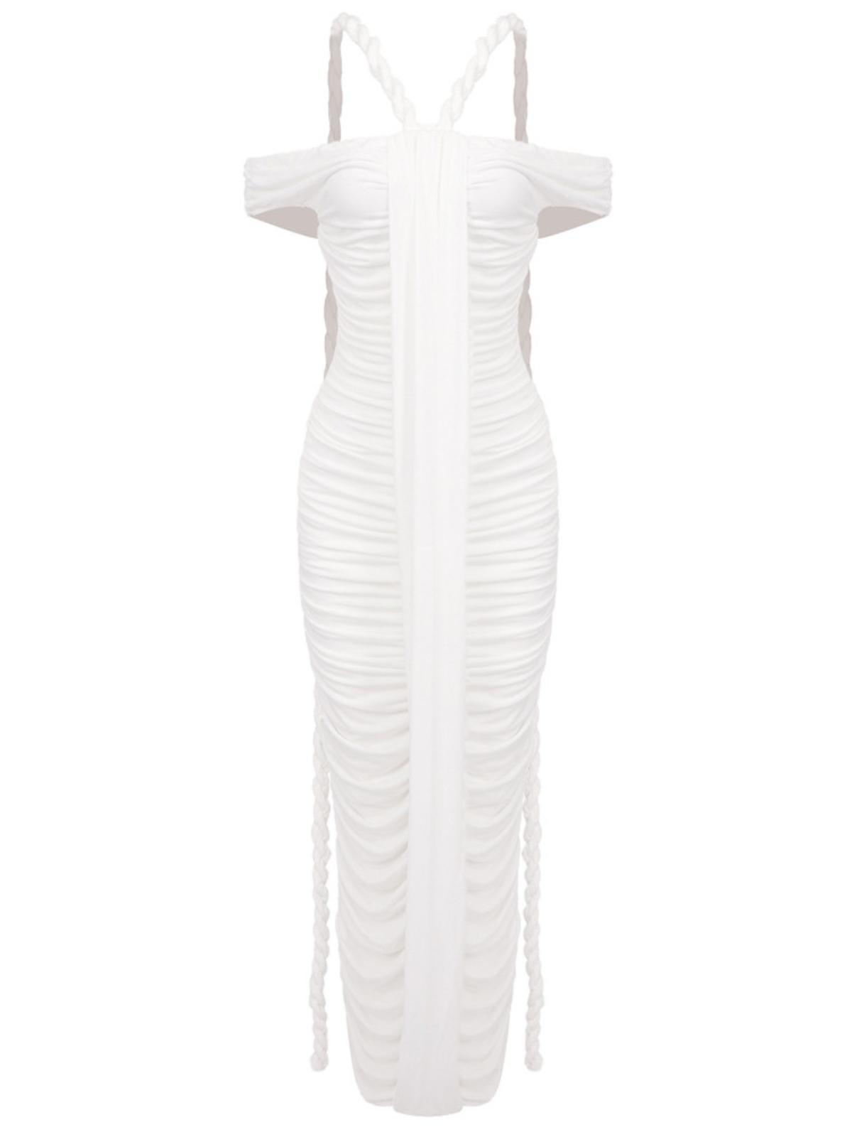 Robe maxi blanche à épaules dénudées et froncée 