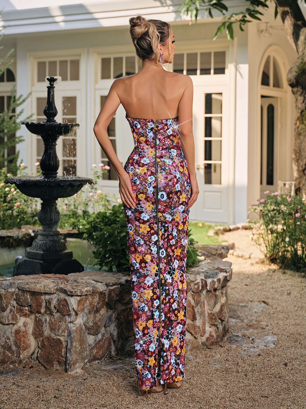 Strapless Flower Sequin Maxi Dress