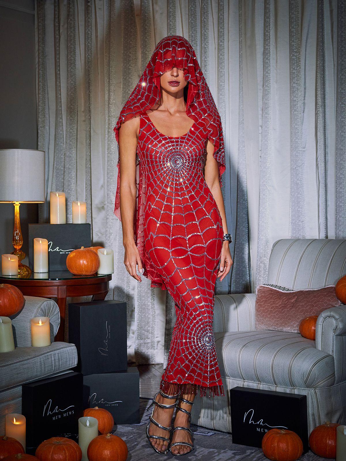 Scoop Neck Cobweb Sequin Midi Dress In Red