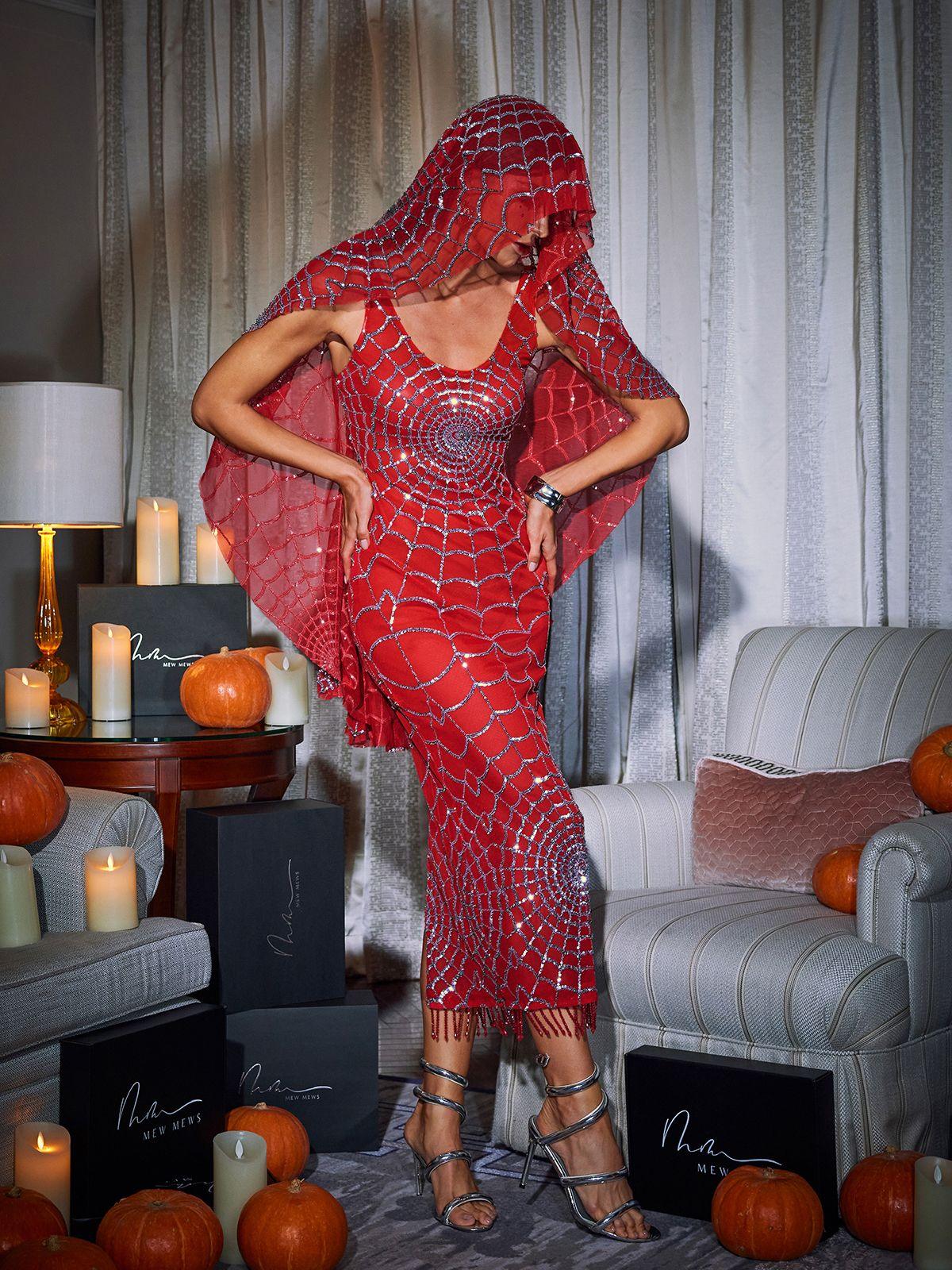 Scoop Neck Cobweb Sequin Midi Dress In Red
