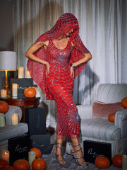 Scoop Neck Cobweb Sequin Midi Dress In Red