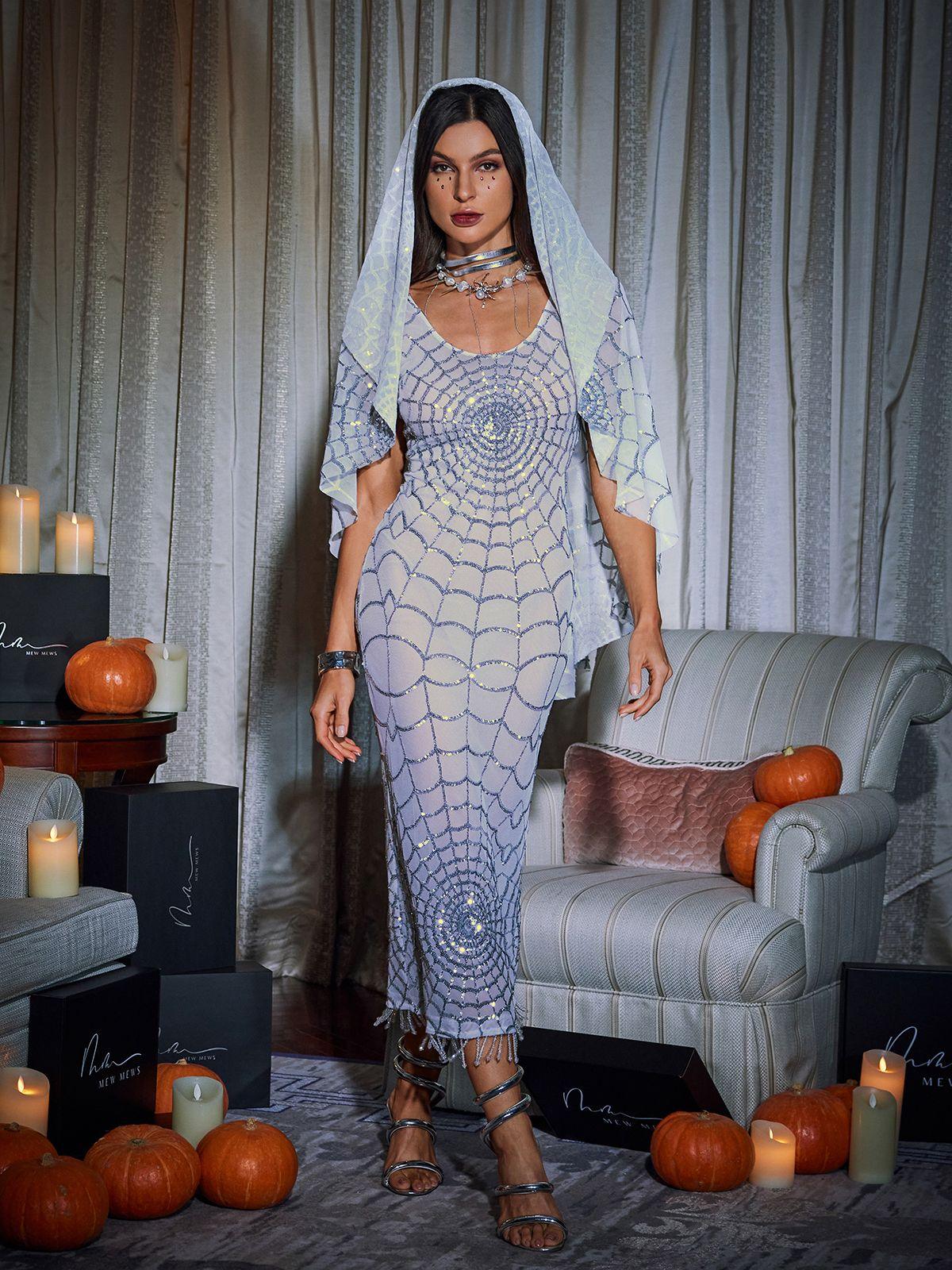 Scoop Neck Cobweb Sequin Midi Dress In White