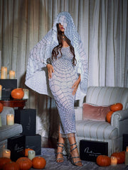 Scoop Neck Cobweb Sequin Midi Dress In White