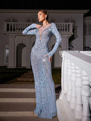 Robe longue maxi en résille strass à manches longues 
