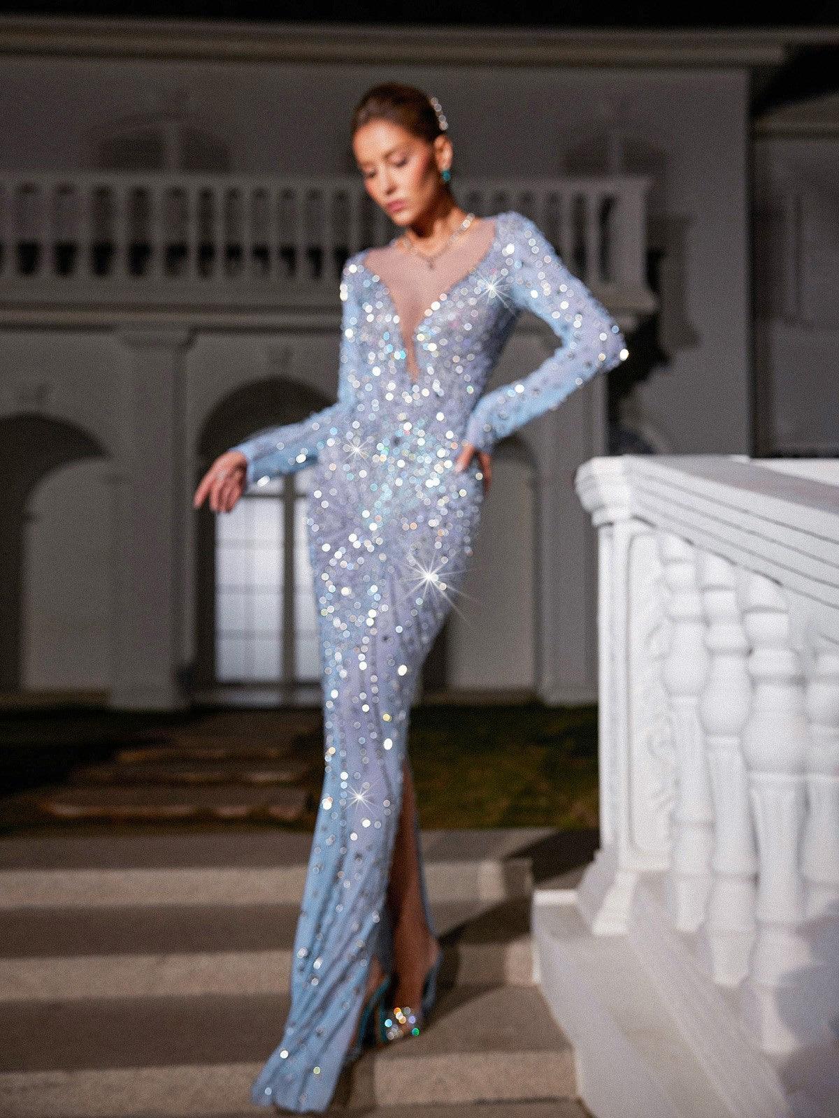 Robe longue maxi en résille strass à manches longues 
