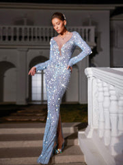Robe longue maxi en résille strass à manches longues 