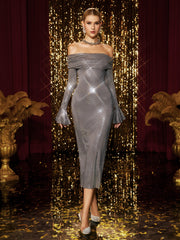 Robe midi à épaules dénudées et strass 