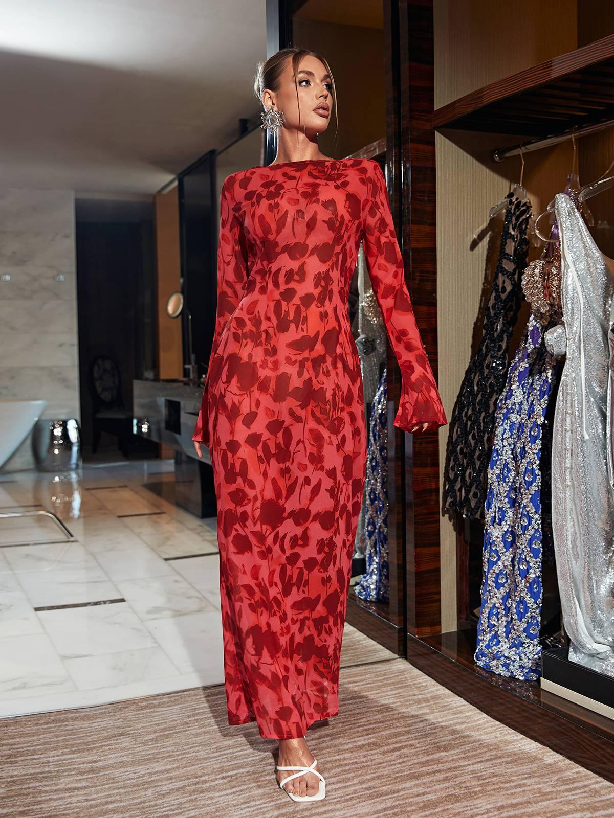 Robe maxi imprimée rose à manches longues 