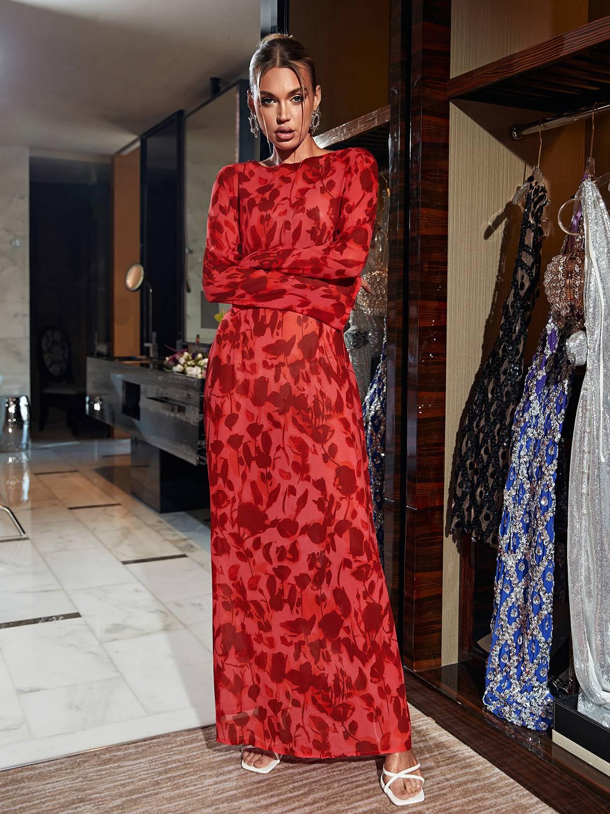 Robe maxi imprimée rose à manches longues 