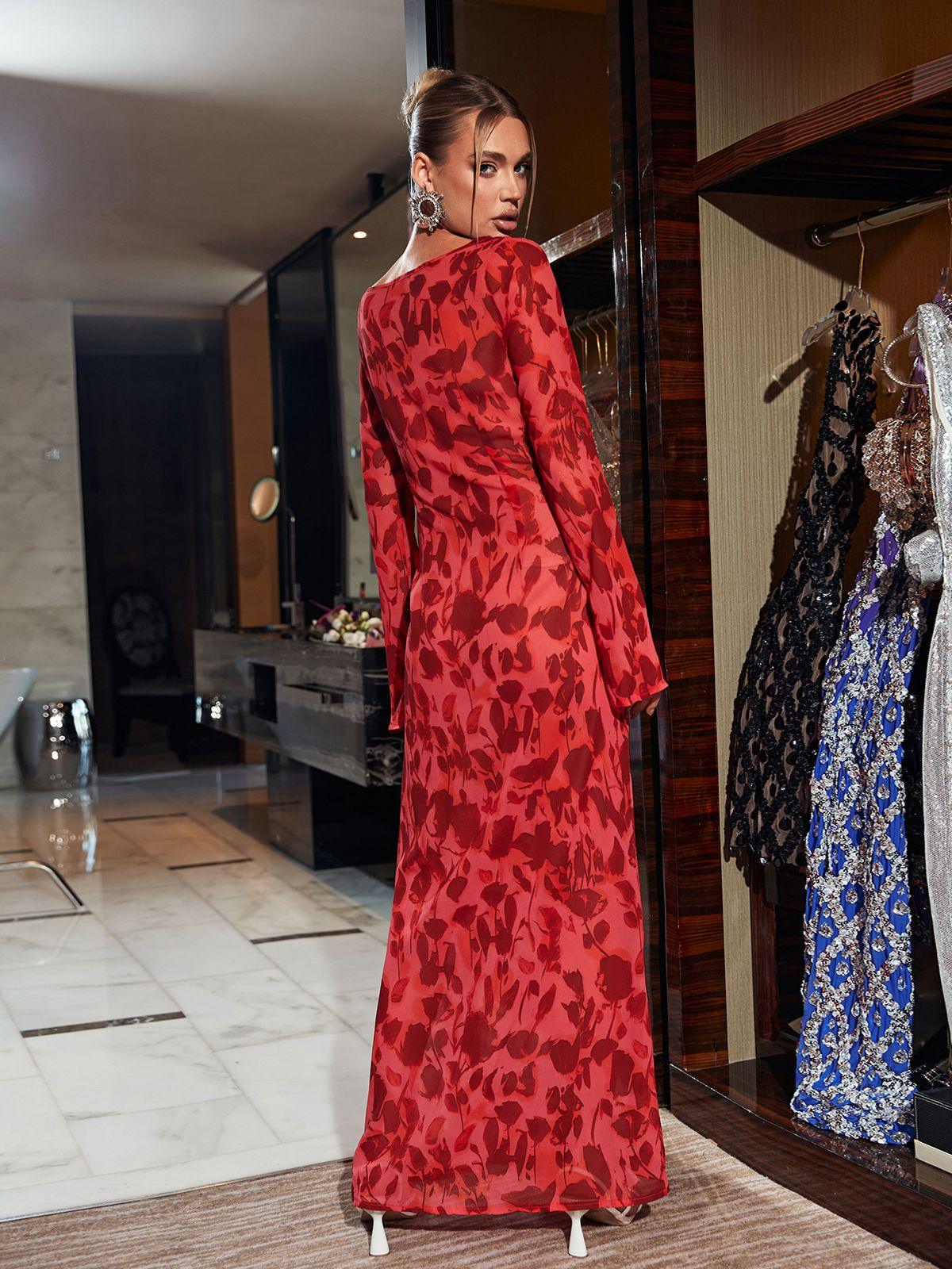 Robe maxi imprimée rose à manches longues 