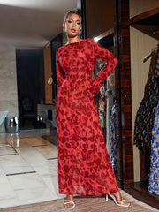 Robe maxi imprimée rose à manches longues 