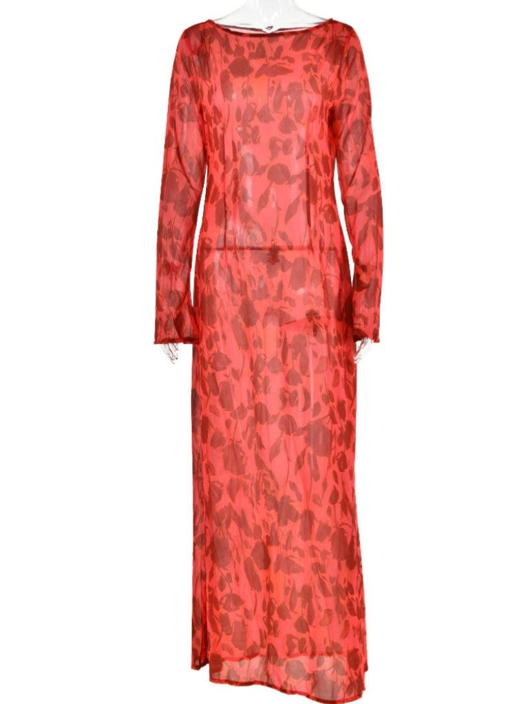 Robe maxi imprimée rose à manches longues 