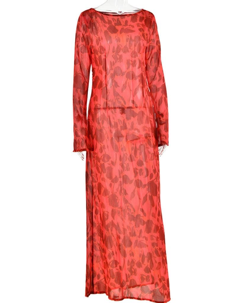 Robe maxi imprimée rose à manches longues 