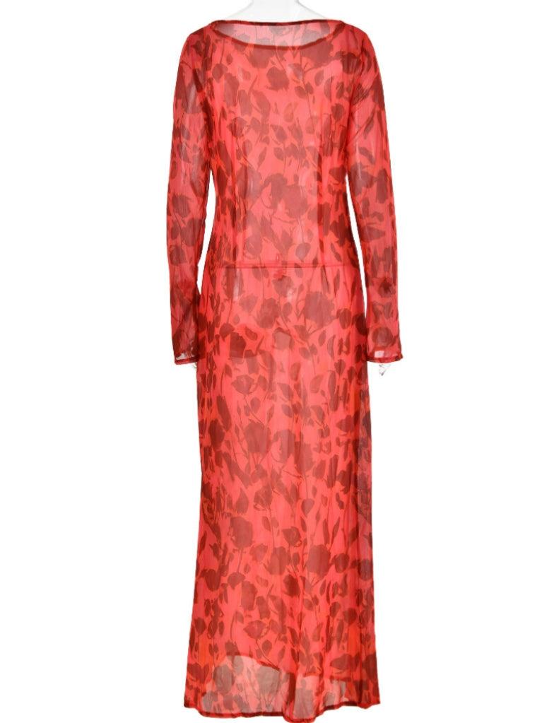 Robe maxi imprimée rose à manches longues 