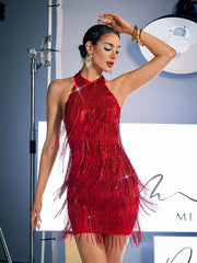 Robe courte rouge à franges de cristal 