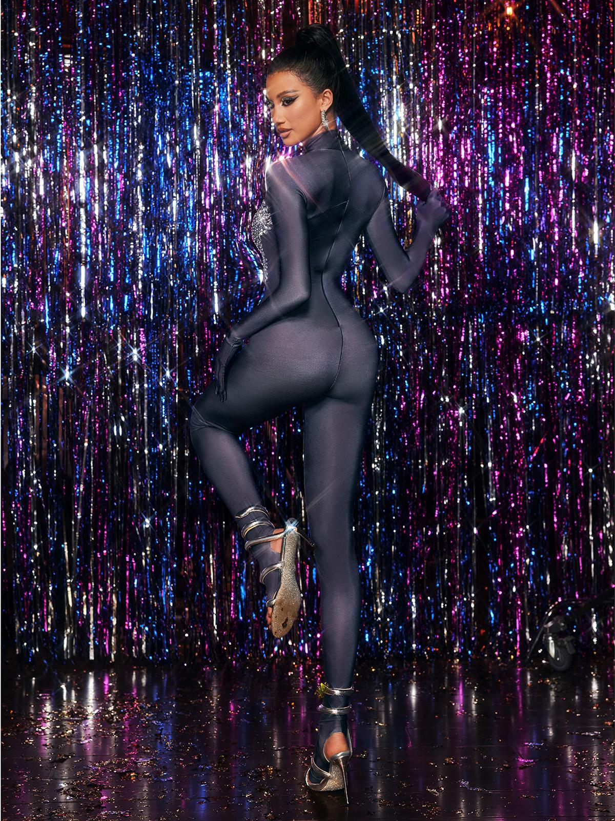 Long Sleeve Rhinestone Embellished Jumpsuit