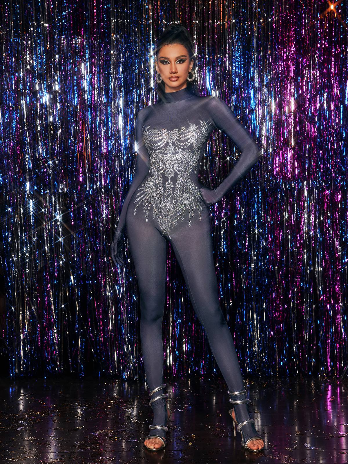 Long Sleeve Rhinestone Embellished Jumpsuit