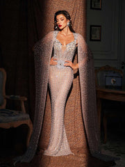 Rhinestone Cape Maxi Dress