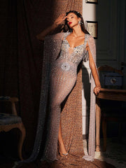 Rhinestone Cape Maxi Dress