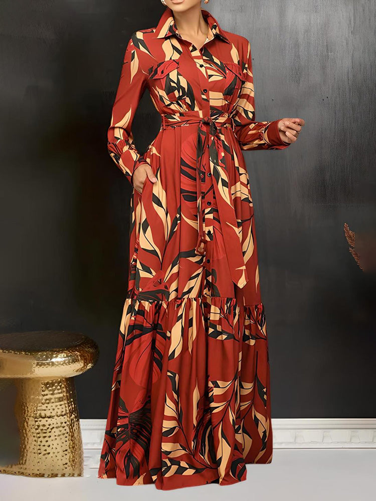 Leaf Print Ruffle Hem Dresses