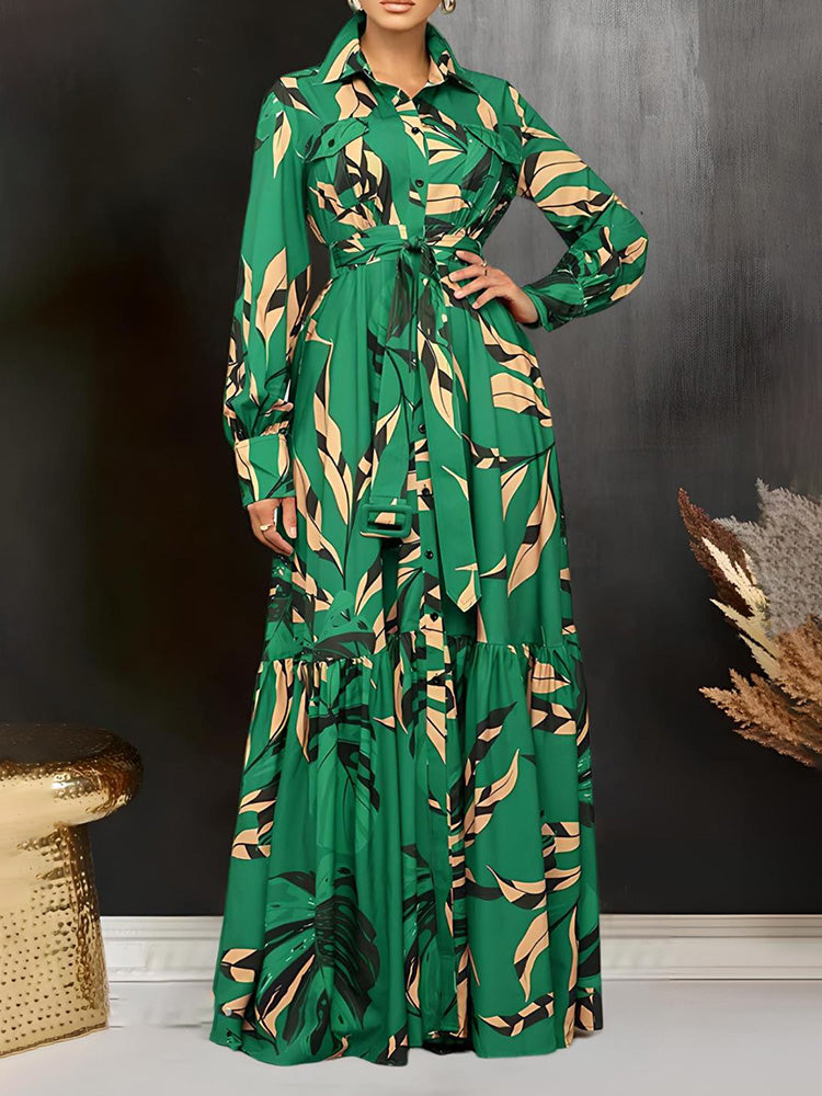 Leaf Print Ruffle Hem Dresses