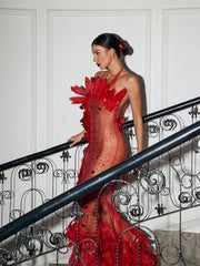 Robe longue rouge en résille ornée de plumes. 